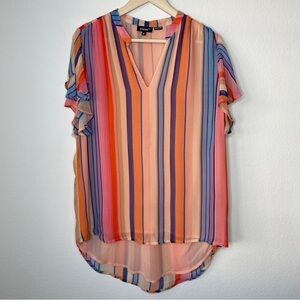 Tolani Multicolor Striped Ruffle Short Sleeve Top V Neck Round Hem Orange Blue